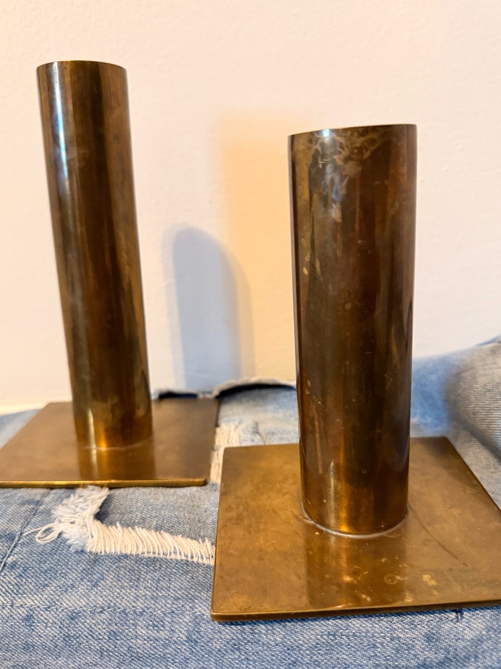 VINTAGE! Set of 2 Mid-Century 60s Heavy (36 ounces) Brass Cylinder Candlesticks